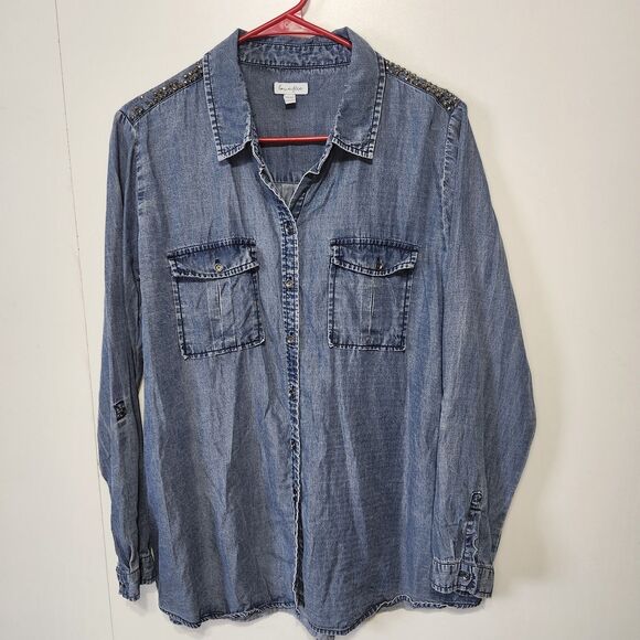 Tops - Love Fire Denim Shirt 0X Lyocell Button Down Rhinestone Shoulder Roll Tab READ